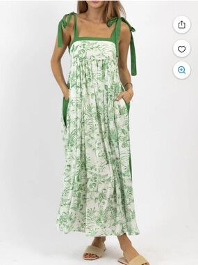 NWT IN LOOM Tropical Tree Green Maxi Dress with Pockets and Tie Straps Sz Large